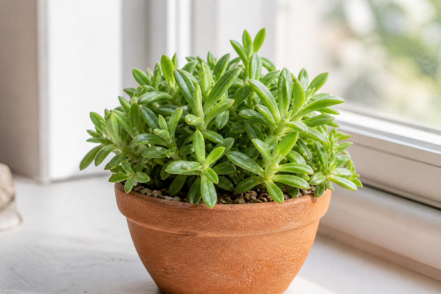 Erwachsene Kanna (Sceletium tortuosum) in einem Tontopf auf einer Fensterbank mit kompakten Sukkulentenblättern