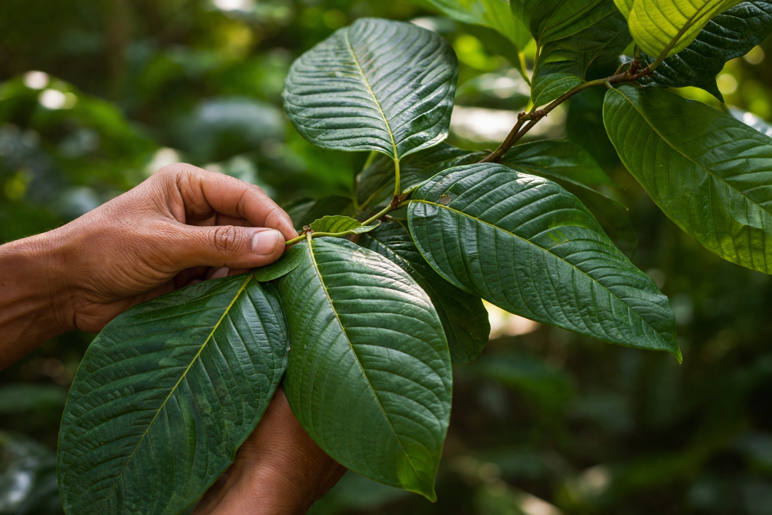 Selezione manuale delle foglie mature di Mitragyna speciosa in piantagione
