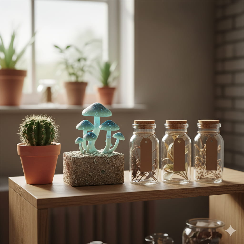 Shelf with ornamental mushroom kit and collectible cacti